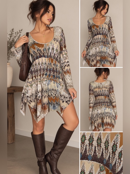 Christina Tops - Cristina Y2K Boho Printed Long Sleeve Tunic Mini Dress Size L